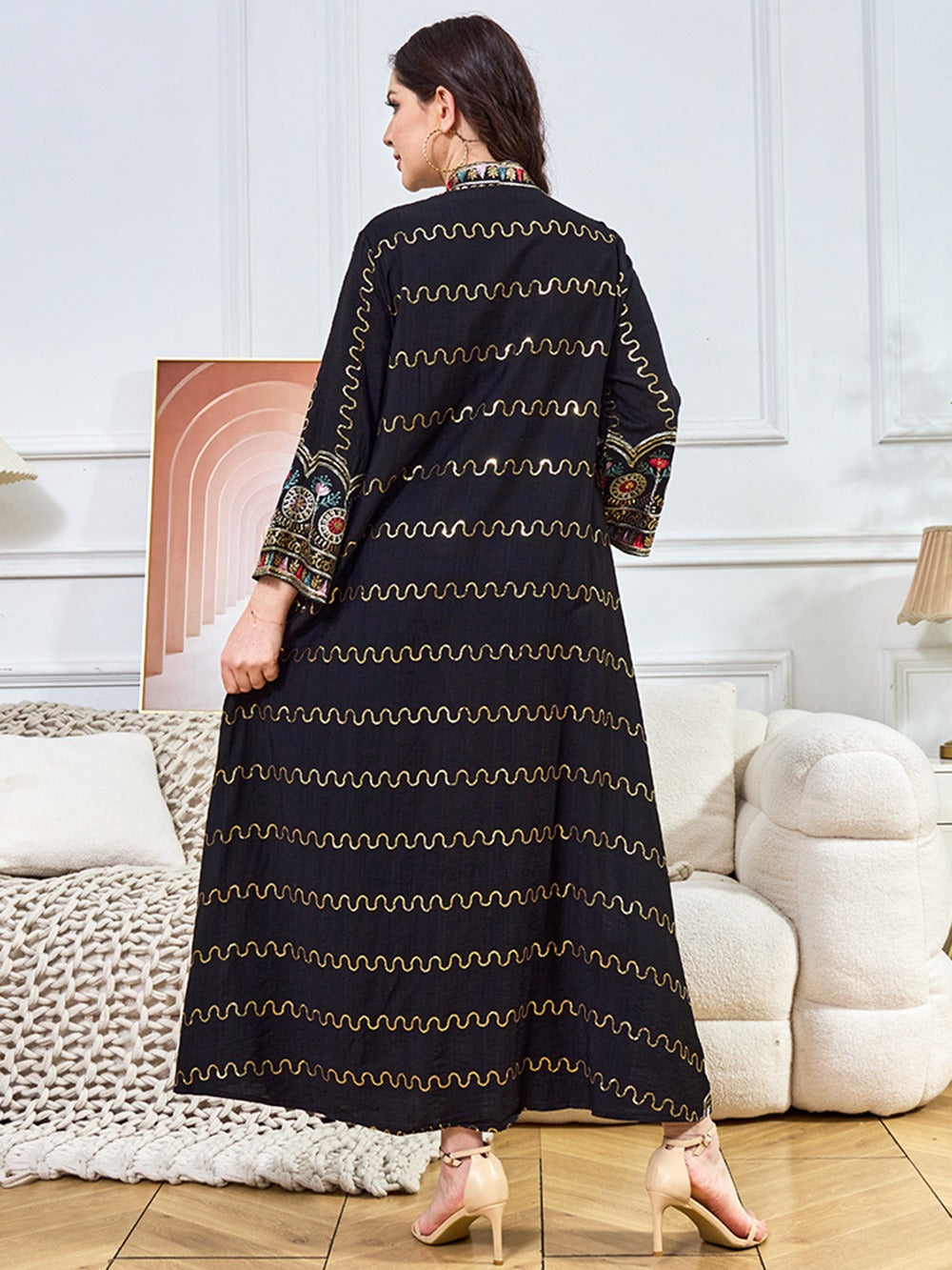 MH132 Sequin Embroidered Abaya Dress – Elegant V Neck Modest Maxi Kaftan for Muslim Women