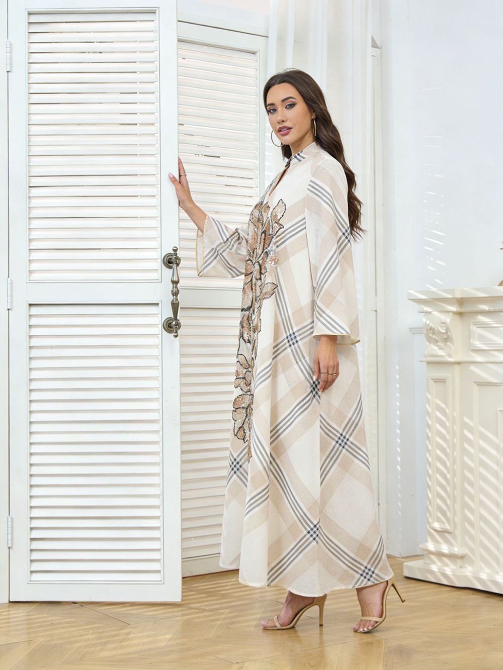 MH128 Plaid Sequin Embroidered Abaya Dress – Elegant Modest Party Maxi for Muslim Women