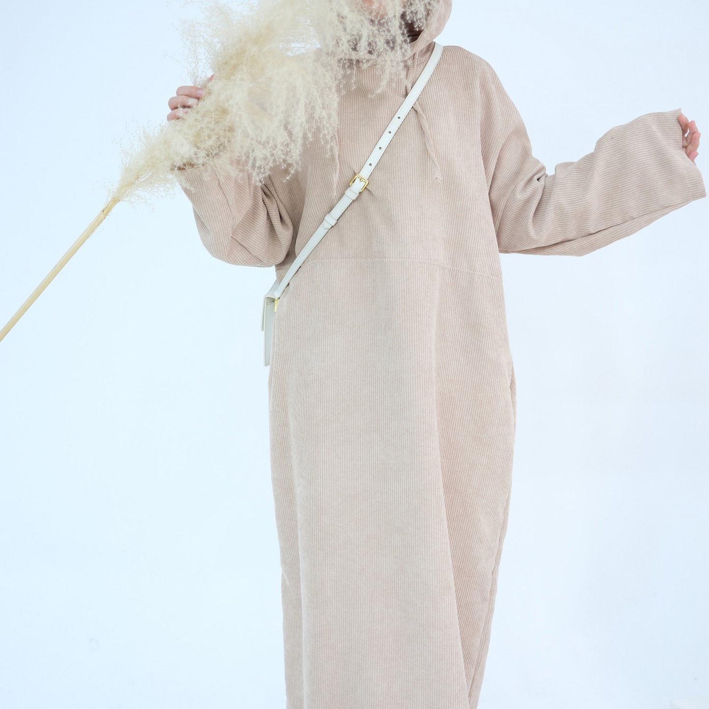 MH95 Corduroy Hooded Abaya with Pockets – Winter Casual Maxi Dress