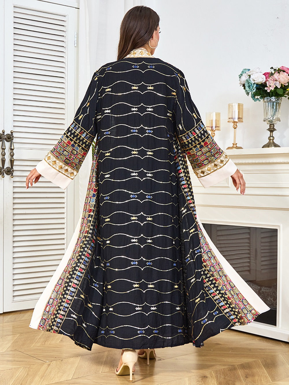 MH130 Luxury Beaded Open Abaya Set – Embroidered Modest Eid Kimono Dress for Muslim Women