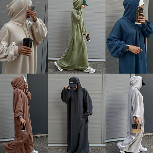 MH75 Muslim Women Hooded Sweatshirt Abaya Dress – Long Sleeve