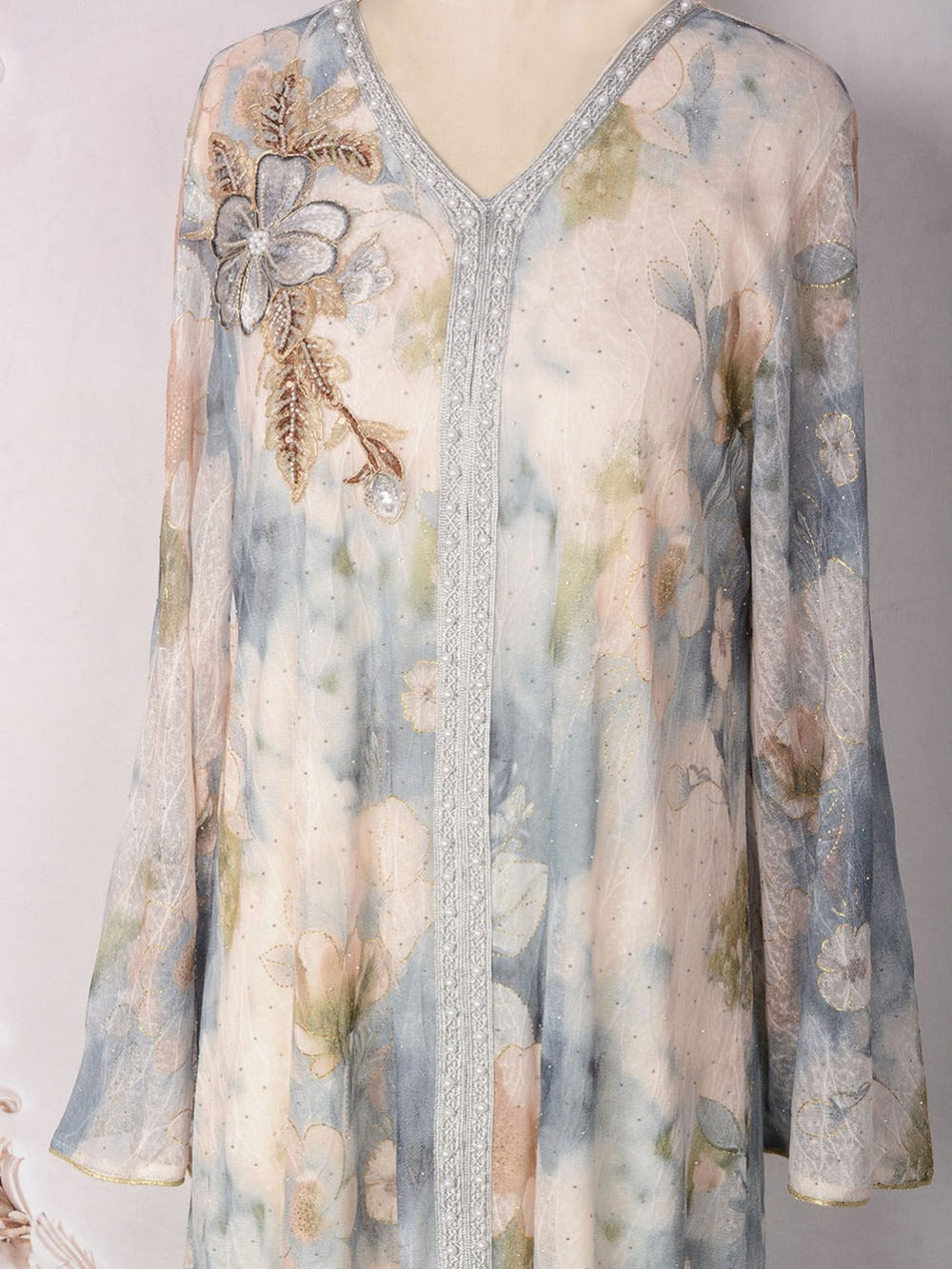 MH131 Luxury Floral Print Beaded Abaya Dress – Elegant Modest Eid Maxi Kaftan for Muslim Women