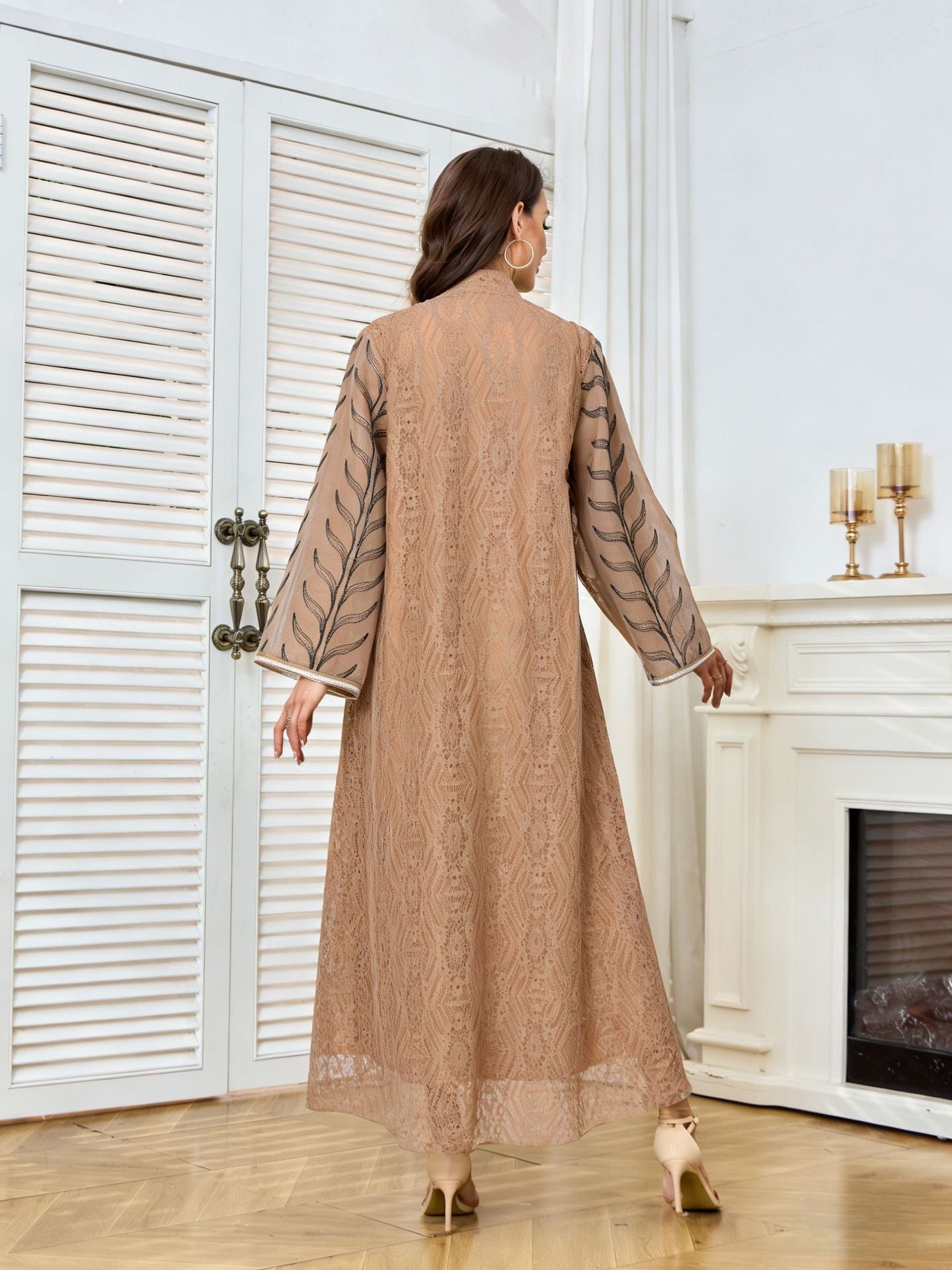 MH129 Beaded Embroidered Abaya Set – Elegant Mesh Modest Eid Dress for Muslim Women