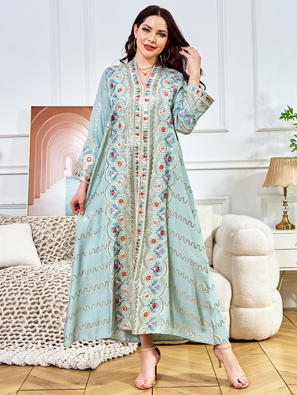 MH132 Sequin Embroidered Abaya Dress – Elegant V Neck Modest Maxi Kaftan for Muslim Women