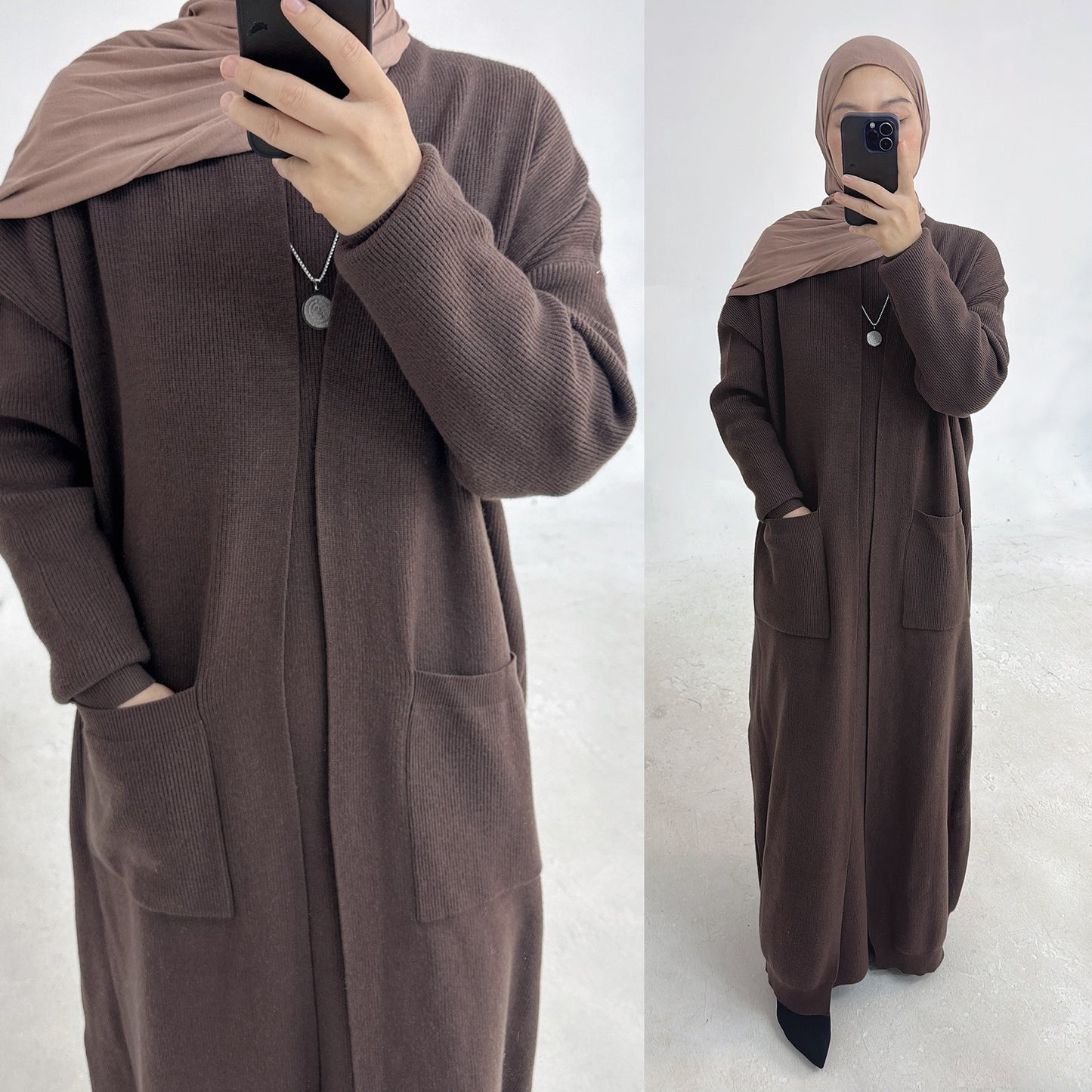 MH82 Winter Knit Abaya Set – 2-Piece Modest Co-ord (Open Cardigan + Inner Dress) with Pockets