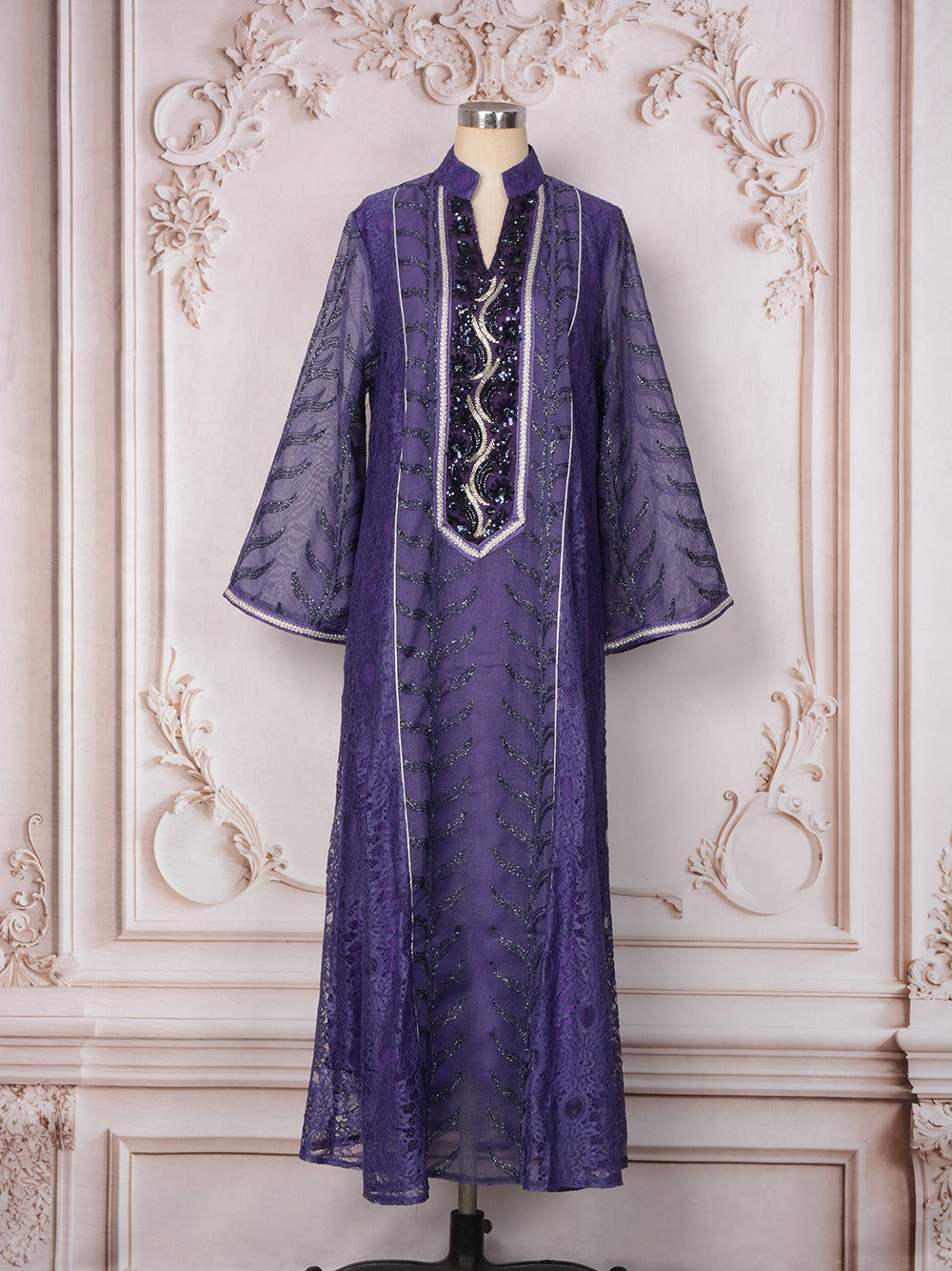 MH129 Beaded Embroidered Abaya Set – Elegant Mesh Modest Eid Dress for Muslim Women