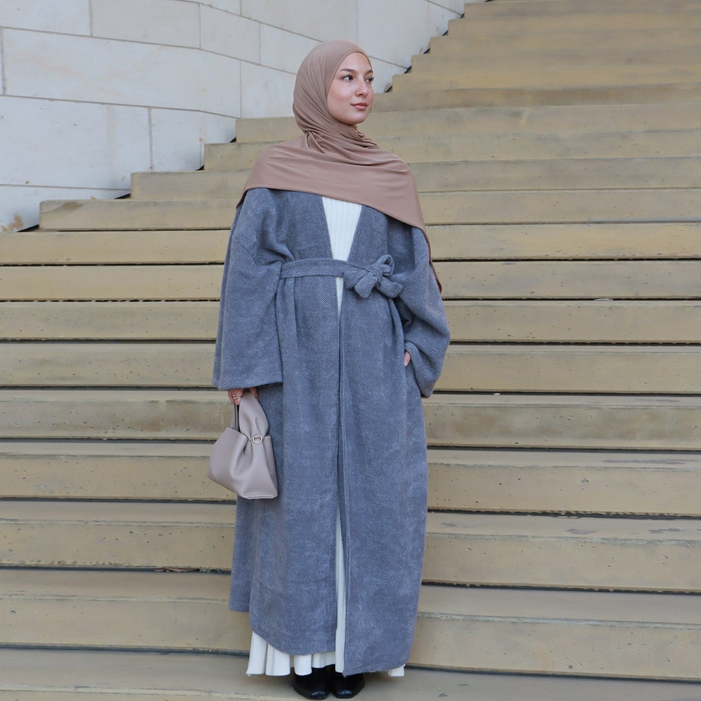 MH97 Velvet Open Abaya Cardigan with Belt – Long Sleeve Modest Outerwear