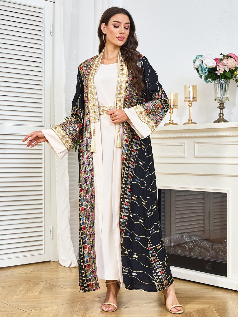 MH130 Luxury Beaded Open Abaya Set – Embroidered Modest Eid Kimono Dress for Muslim Women