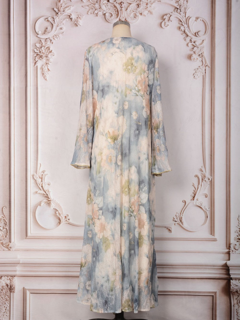 MH131 Luxury Floral Print Beaded Abaya Dress – Elegant Modest Eid Maxi Kaftan for Muslim Women