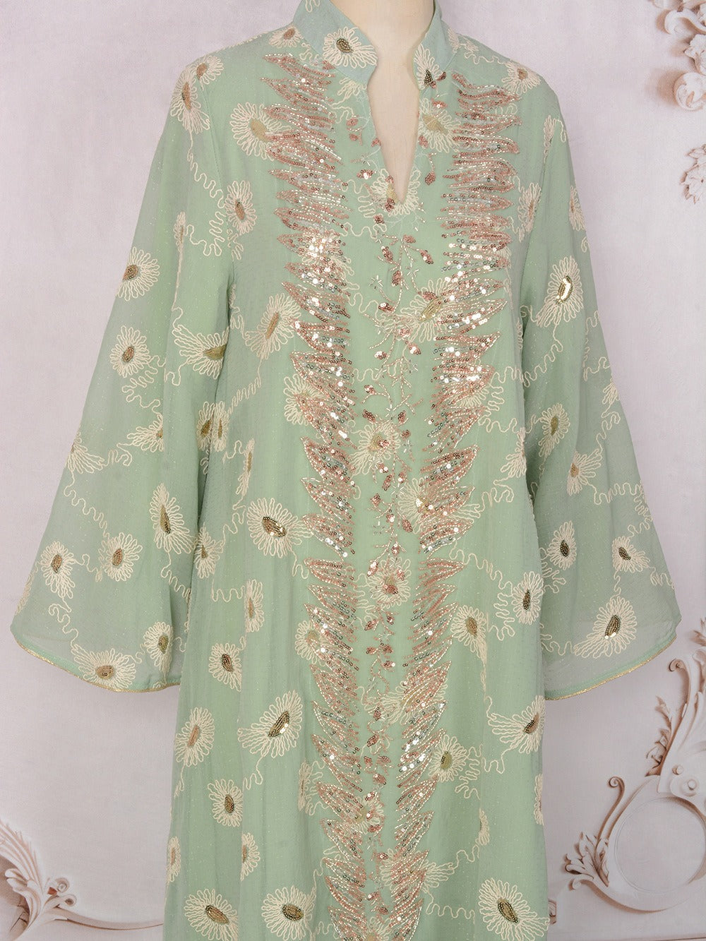 MH133 Luxury Embroidered Sequin Abaya Dress – Elegant Pink Modest Kaftan for Eid & Special Occasions