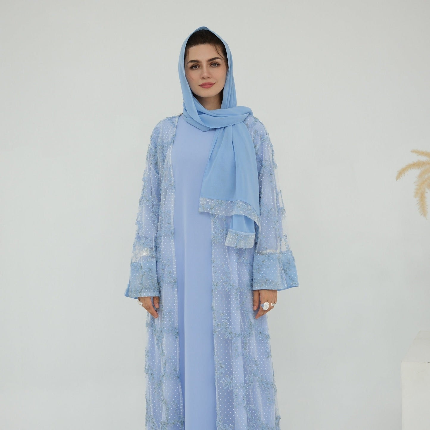 MH135 3D Floral Mesh Cardigan Abaya Set with Hijab – Elegant Modest Open Front Dress for Muslim Women