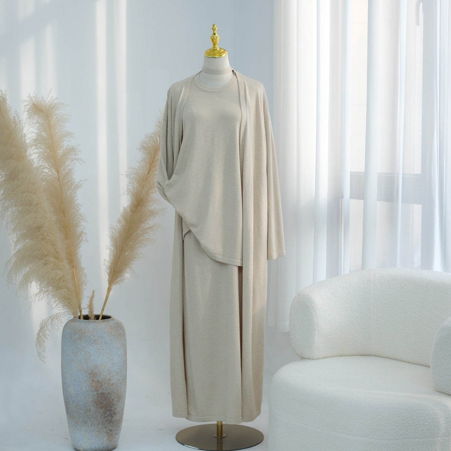 Knitted 3-Piece Set Skirt Top Cardigan | Modest Fashion Outfit | MH116