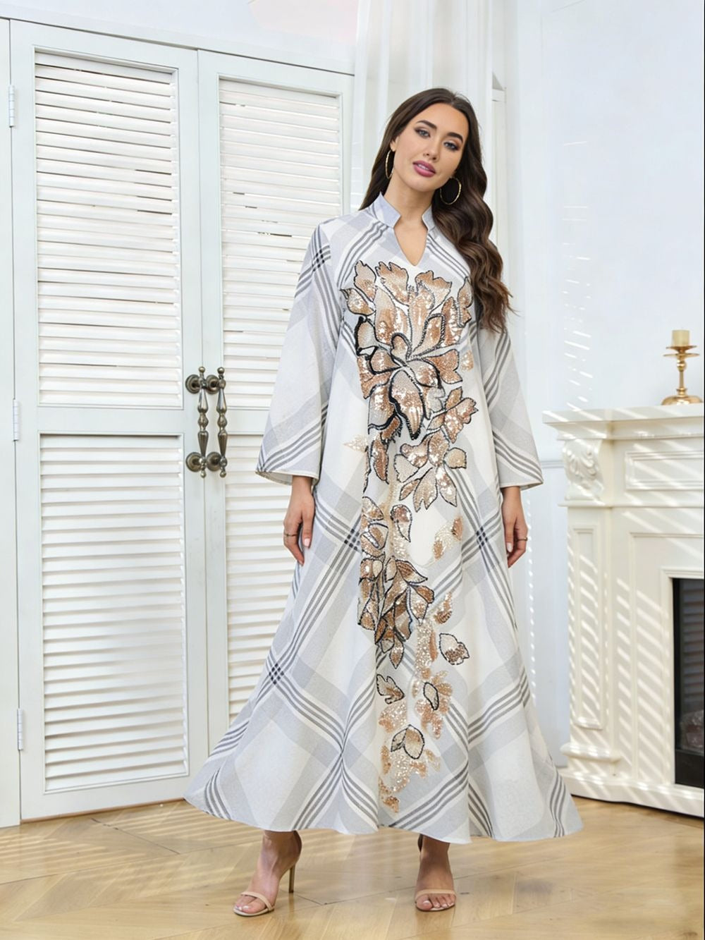 MH128 Plaid Sequin Embroidered Abaya Dress – Elegant Modest Party Maxi for Muslim Women