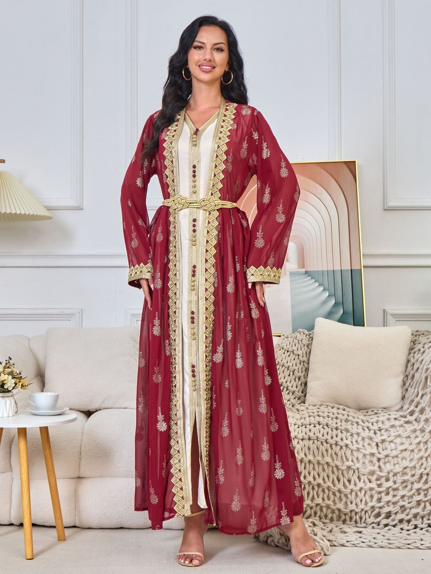 MH127 Embroidered Two Piece Abaya Set – Luxury Open Front Cardigan Abaya Dress for Eid & Formal Wear
