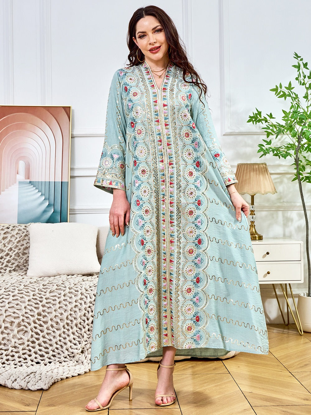 MH132 Sequin Embroidered Abaya Dress – Elegant V Neck Modest Maxi Kaftan for Muslim Women