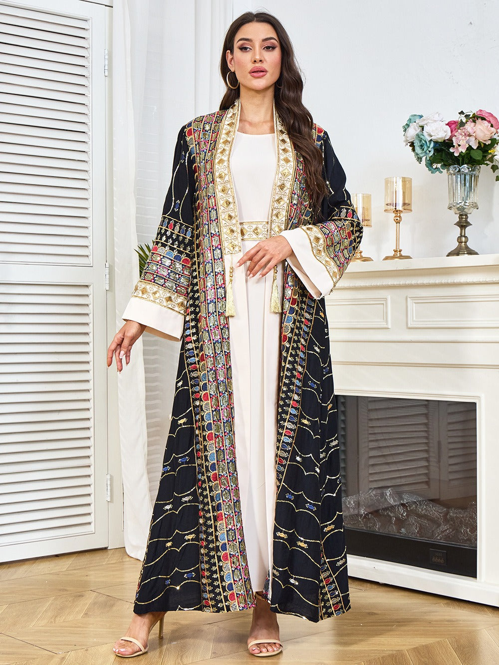 MH130 Luxury Beaded Open Abaya Set – Embroidered Modest Eid Kimono Dress for Muslim Women
