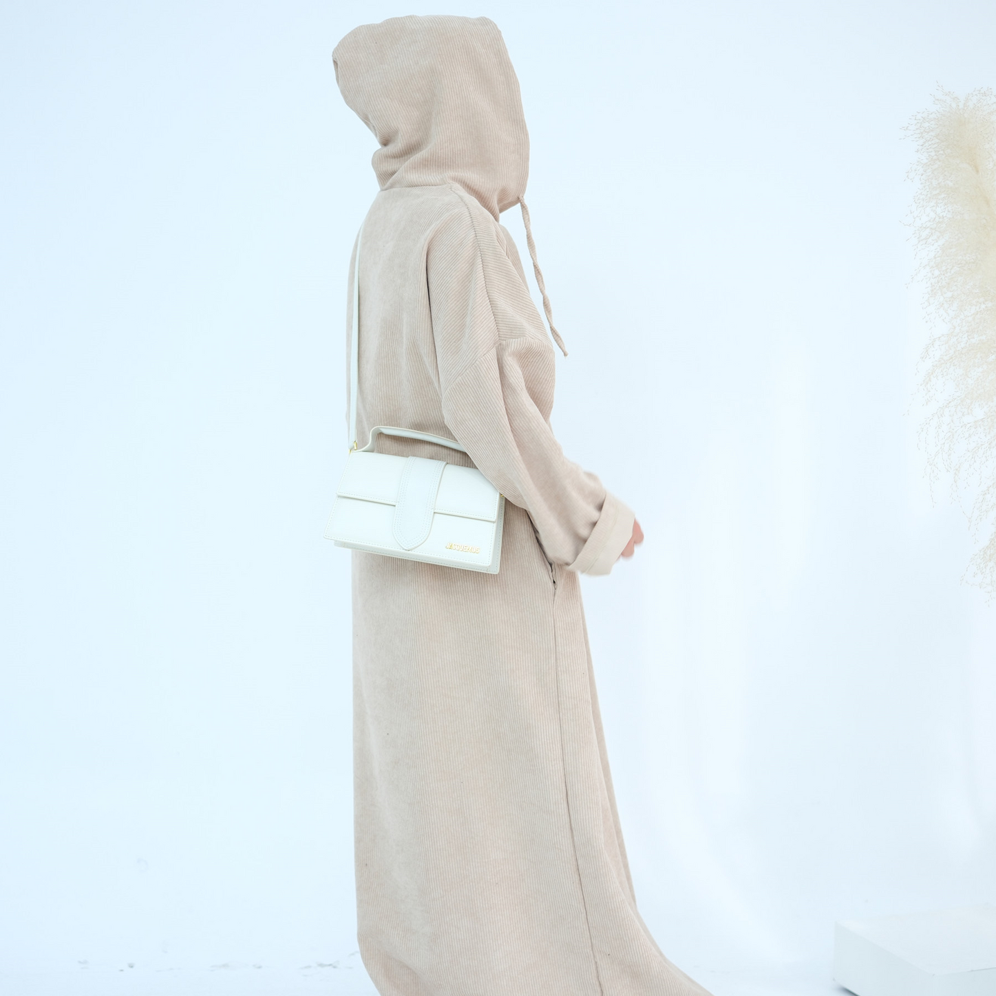 MH95 Corduroy Hooded Abaya with Pockets – Winter Casual Maxi Dress