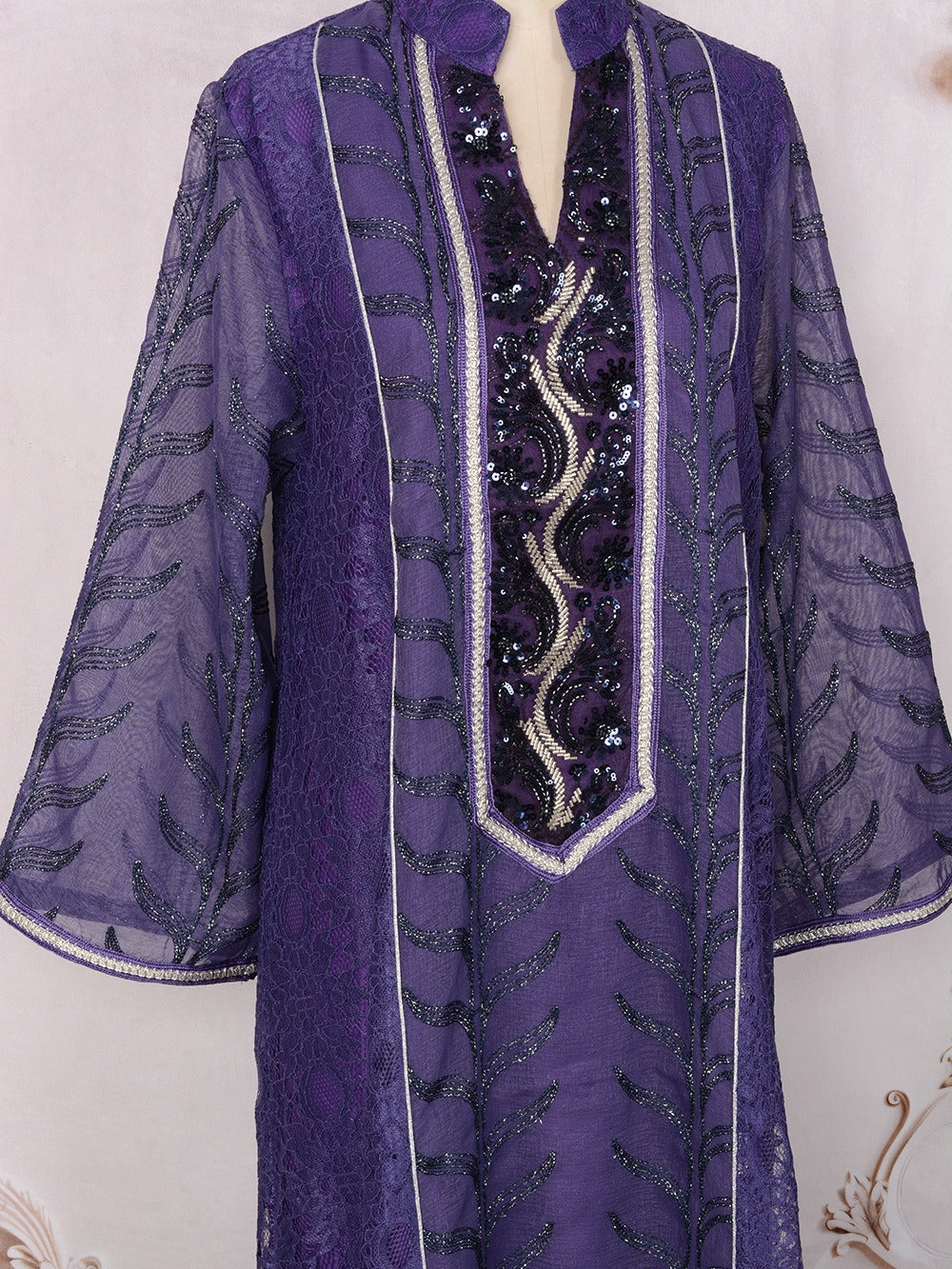 MH129 Beaded Embroidered Abaya Set – Elegant Mesh Modest Eid Dress for Muslim Women