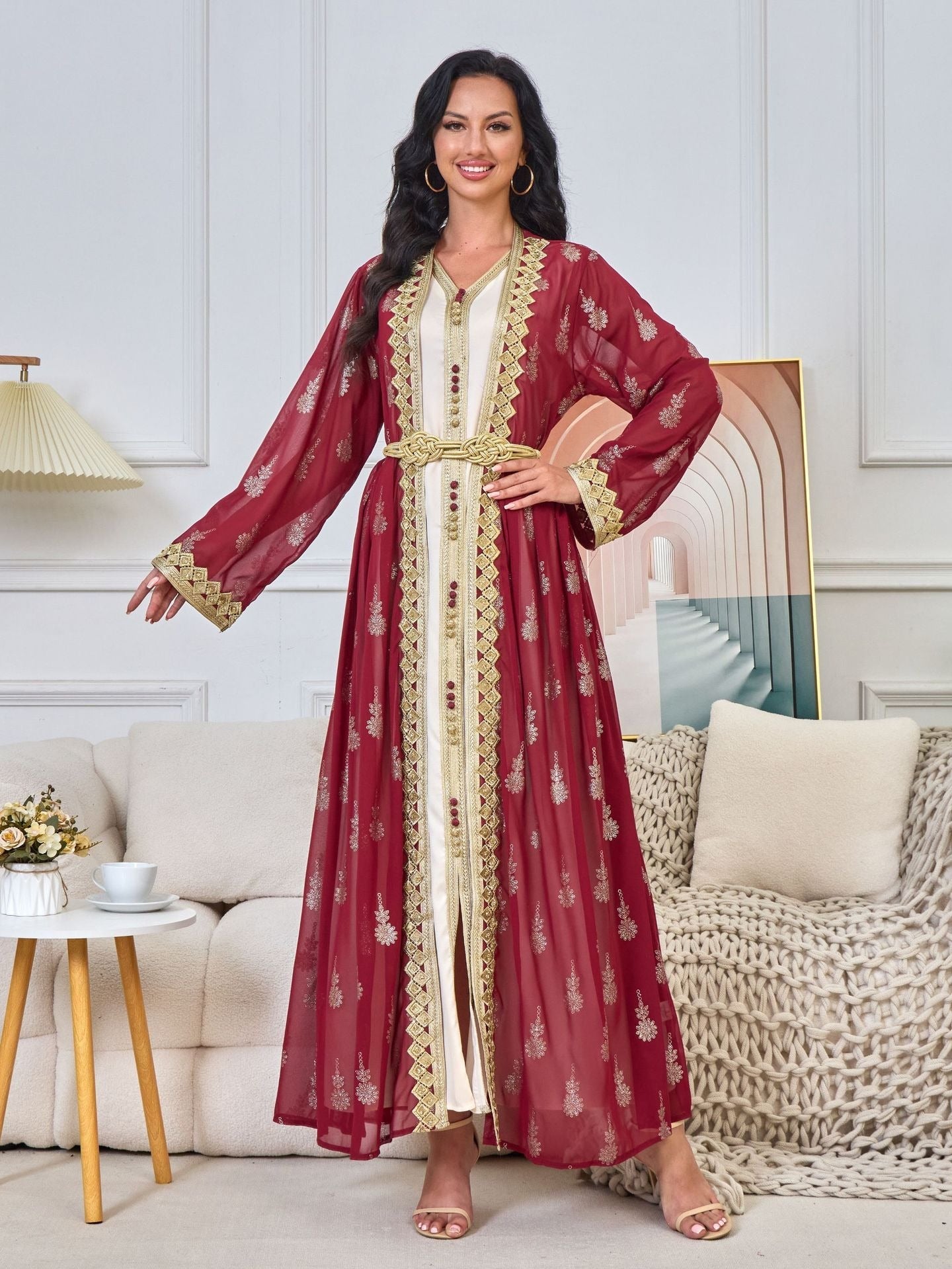 MH127 Embroidered Two Piece Abaya Set – Luxury Open Front Cardigan Abaya Dress for Eid & Formal Wear