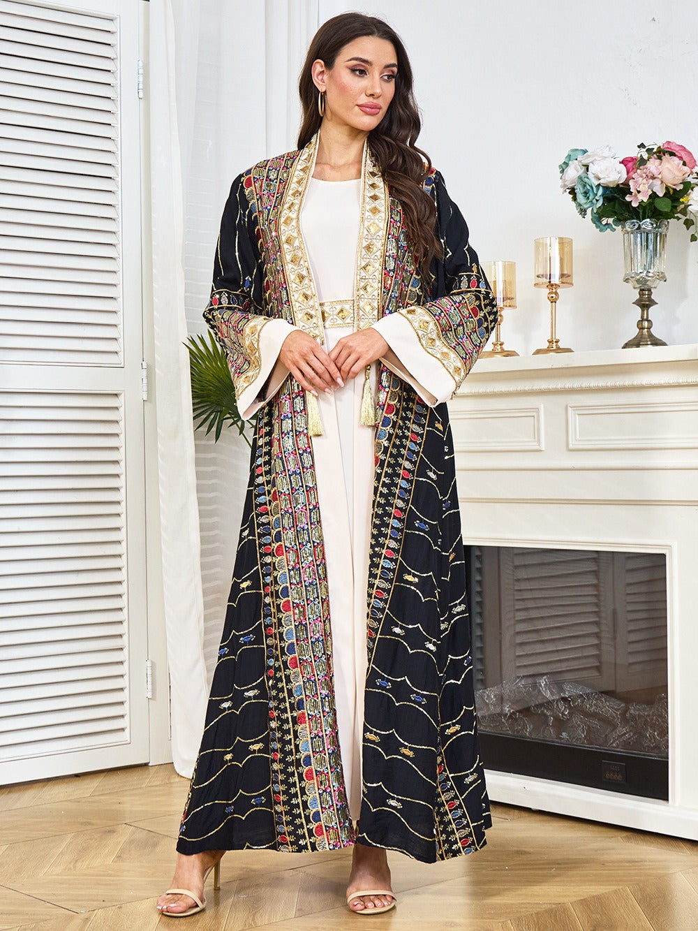 MH130 Luxury Beaded Open Abaya Set – Embroidered Modest Eid Kimono Dress for Muslim Women