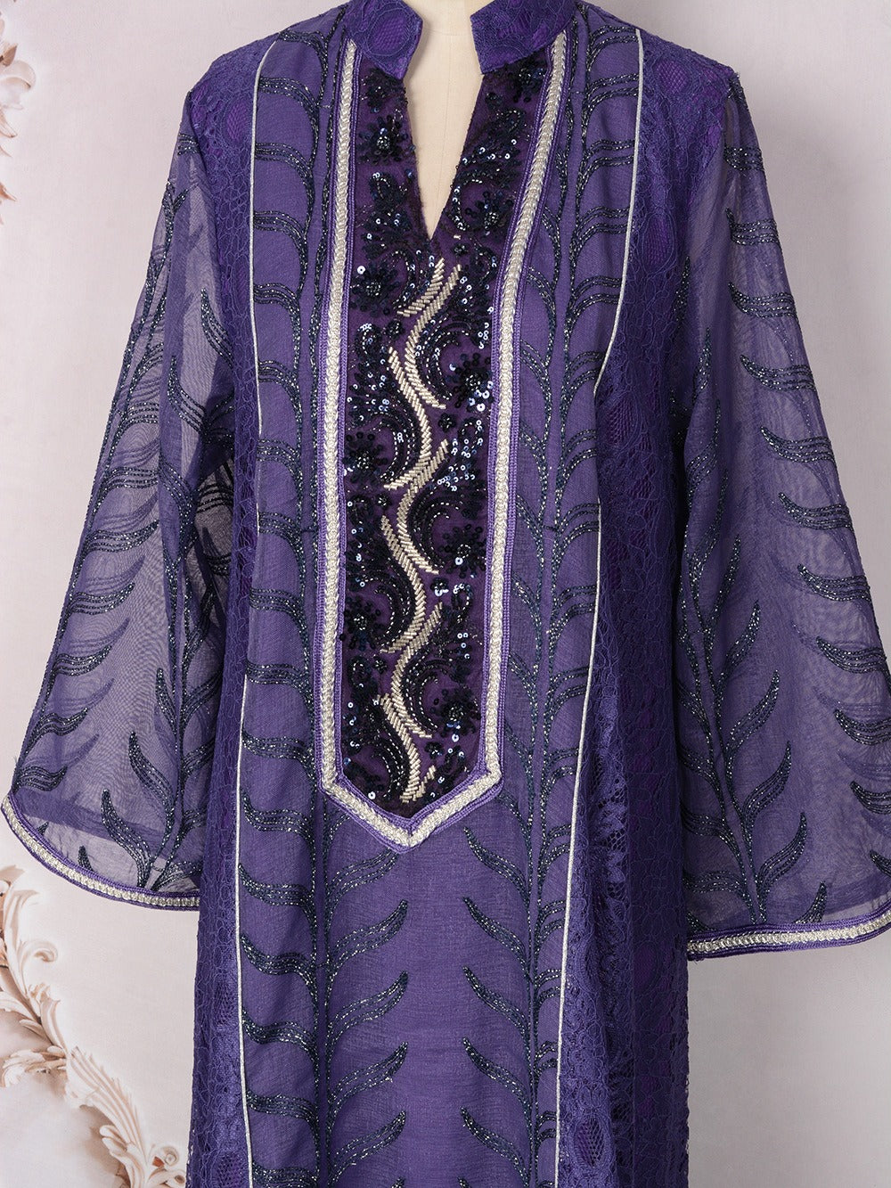 MH129 Beaded Embroidered Abaya Set – Elegant Mesh Modest Eid Dress for Muslim Women