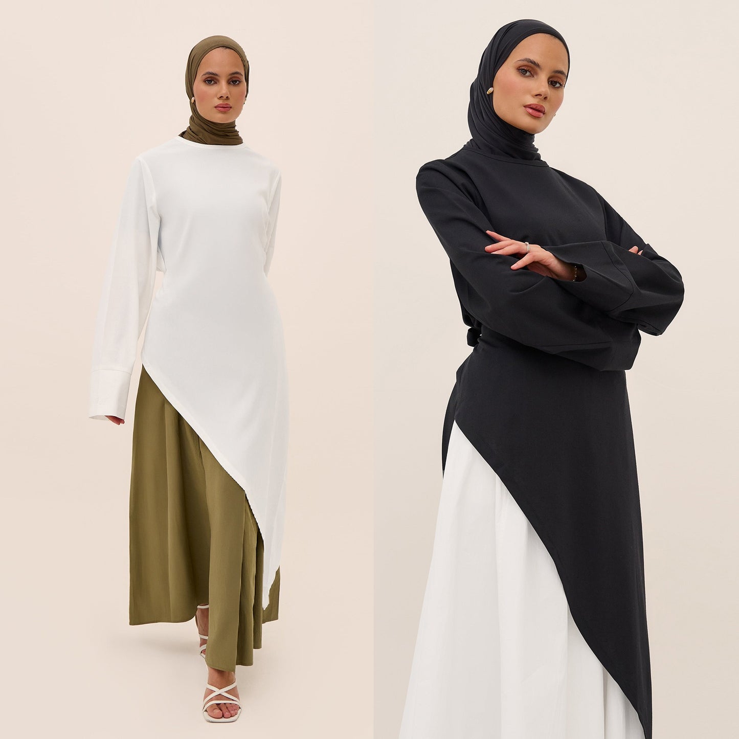 MH87 Modest Cotton-Linen Two-Piece Set – Asymmetric Drape Top & Maxi Skirt | Muslim Women Outfit for Eid & Daily Wear