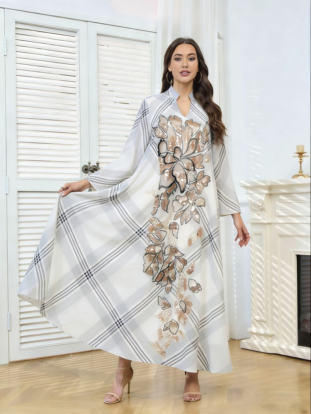 MH128 Plaid Sequin Embroidered Abaya Dress – Elegant Modest Party Maxi for Muslim Women