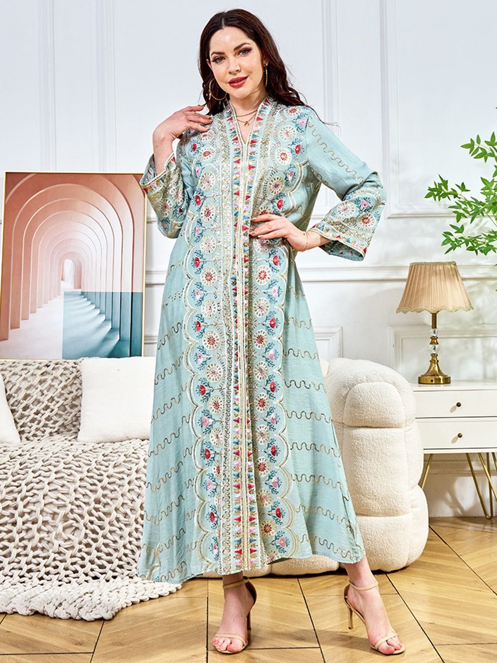 MH132 Sequin Embroidered Abaya Dress – Elegant V Neck Modest Maxi Kaftan for Muslim Women