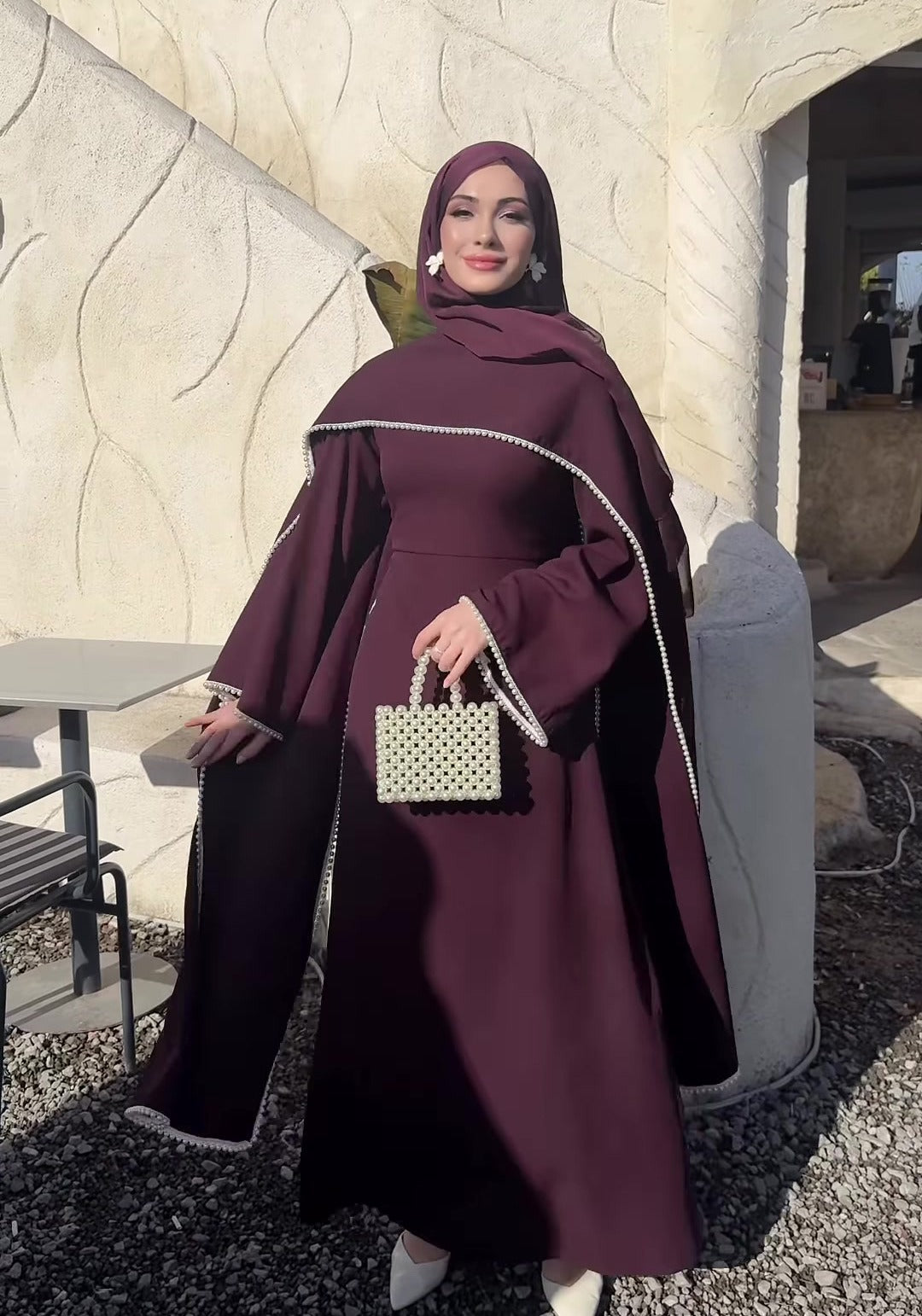 MH123 Pearl Trim Khimar Abaya Dress Set – Elegant Brown Modest Maxi Dress