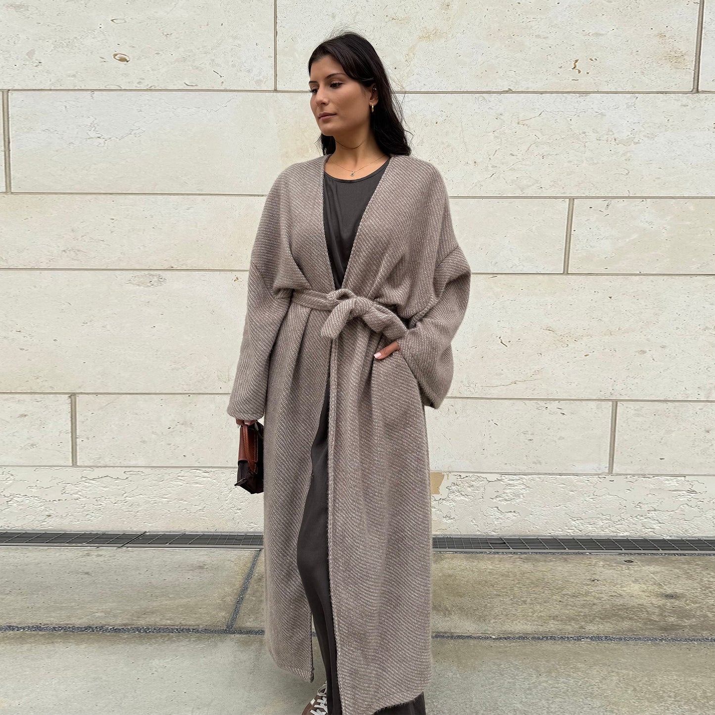 MH97 Velvet Open Abaya Cardigan with Belt – Long Sleeve Modest Outerwear