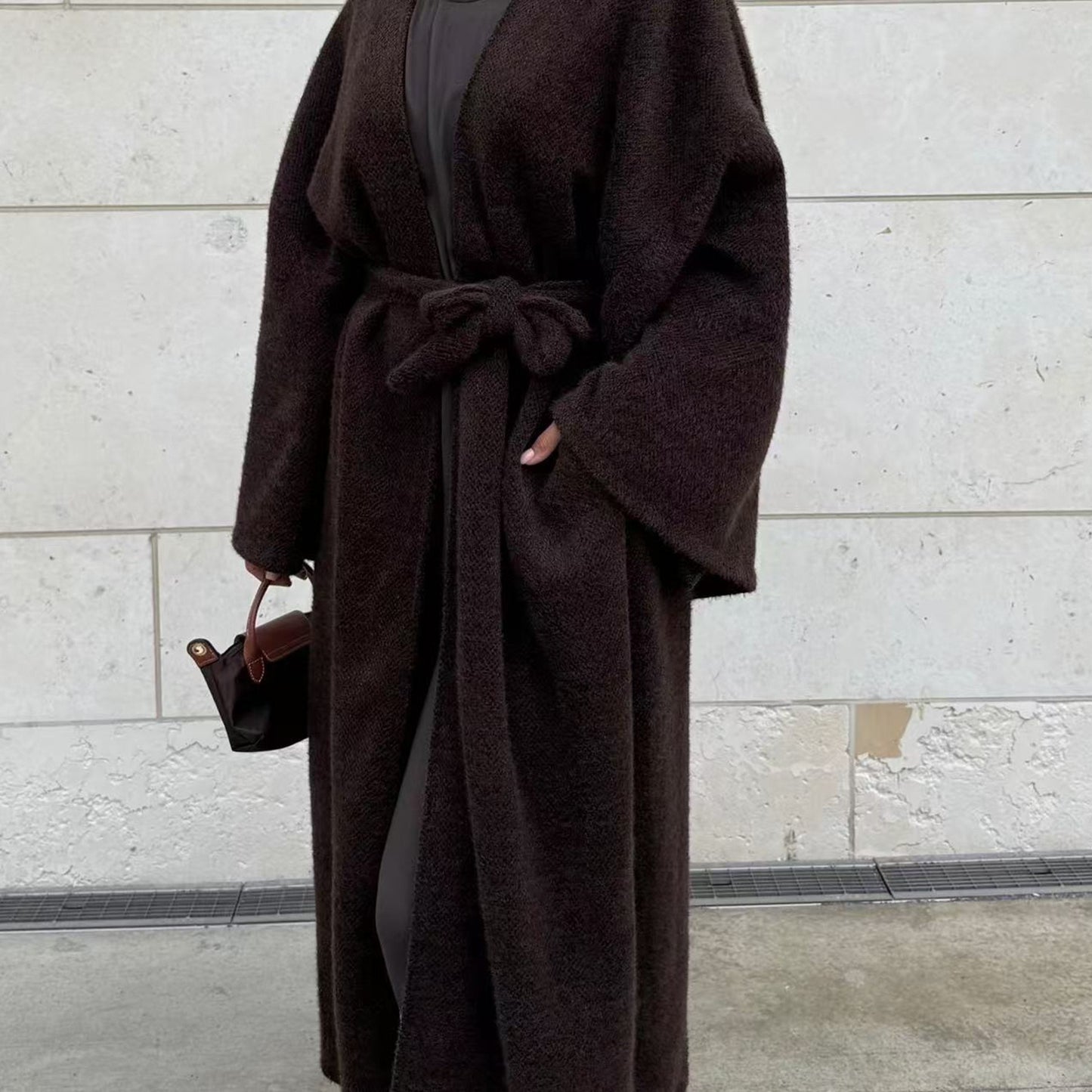 MH97 Velvet Open Abaya Cardigan with Belt – Long Sleeve Modest Outerwear