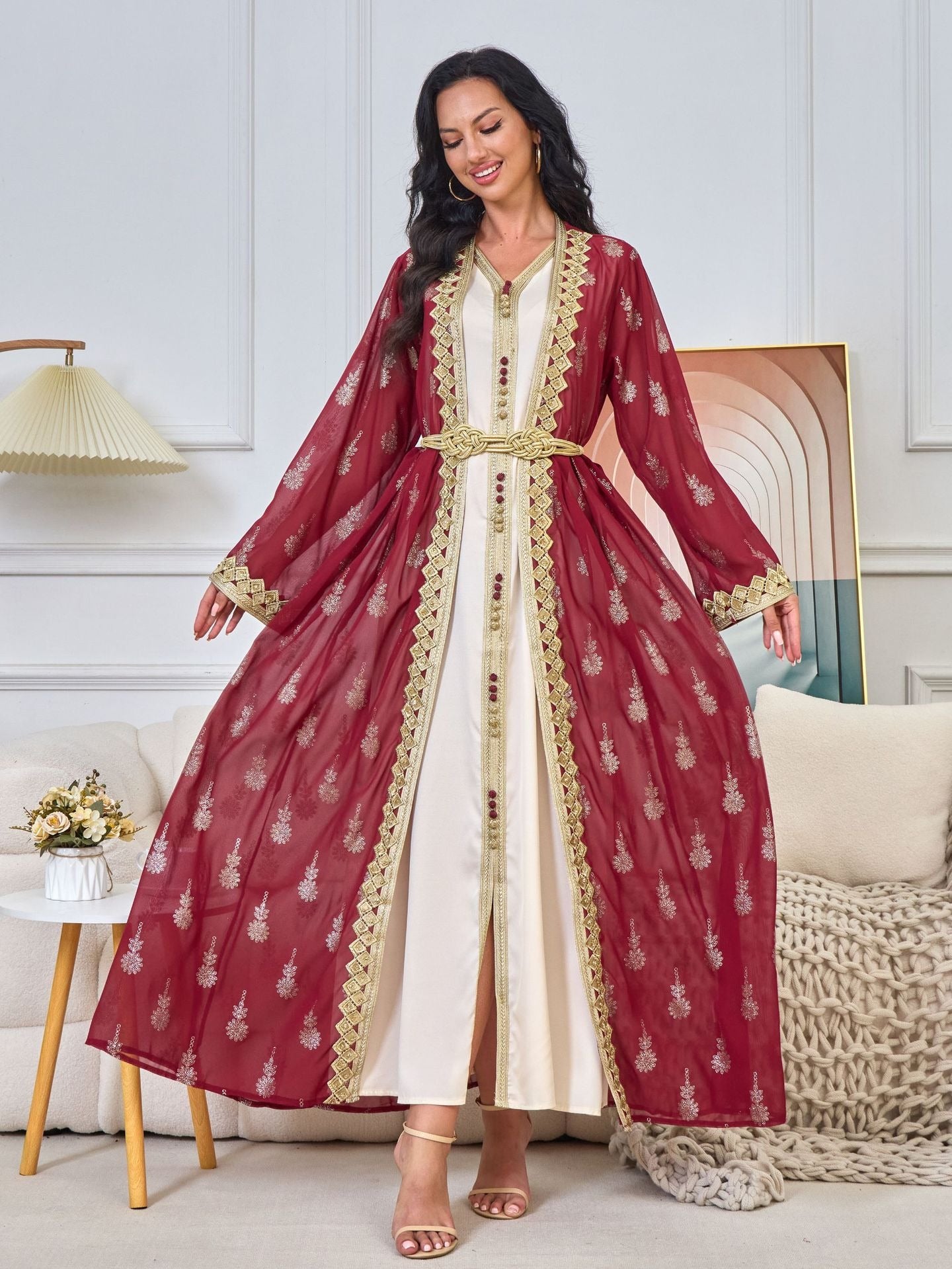 MH127 Embroidered Two Piece Abaya Set – Luxury Open Front Cardigan Abaya Dress for Eid & Formal Wear