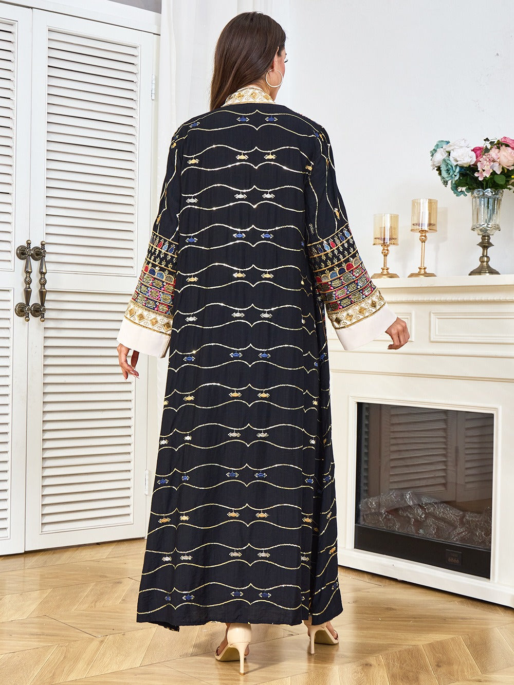MH130 Luxury Beaded Open Abaya Set – Embroidered Modest Eid Kimono Dress for Muslim Women