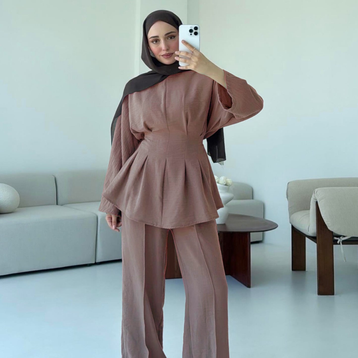 MH92 Modest Two-Piece Set – Ice-Silk Crepe Peplum Tunic & Wide-Leg Pants | Office • Travel • Eid Outfit