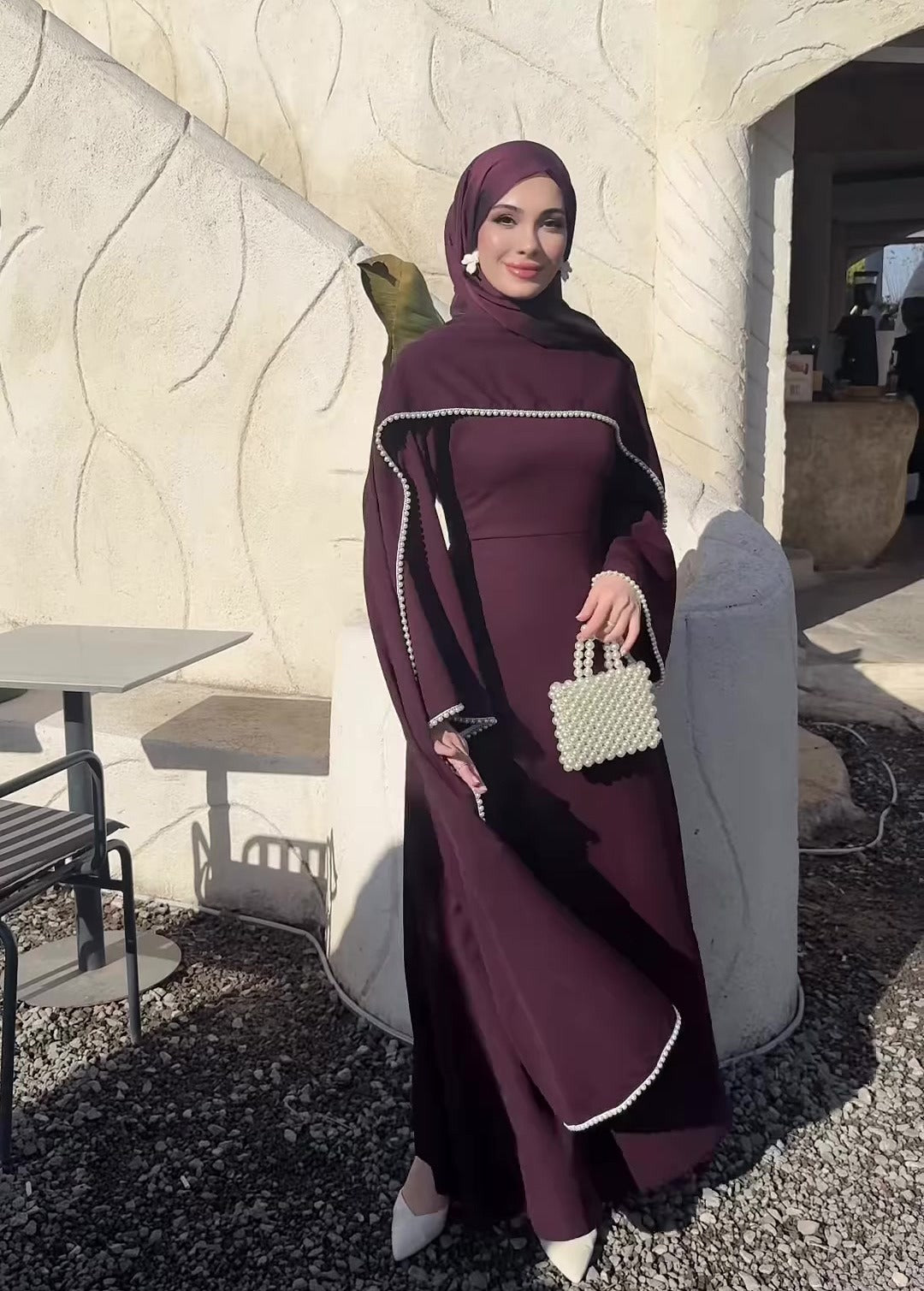 MH123 Pearl Trim Khimar Abaya Dress Set – Elegant Brown Modest Maxi Dress