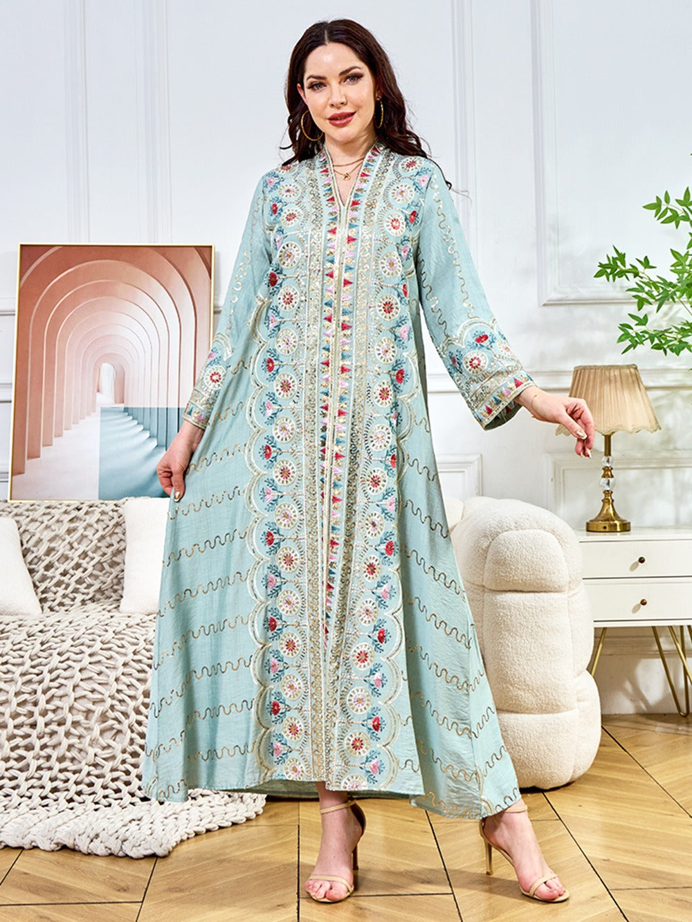 MH132 Sequin Embroidered Abaya Dress – Elegant V Neck Modest Maxi Kaftan for Muslim Women