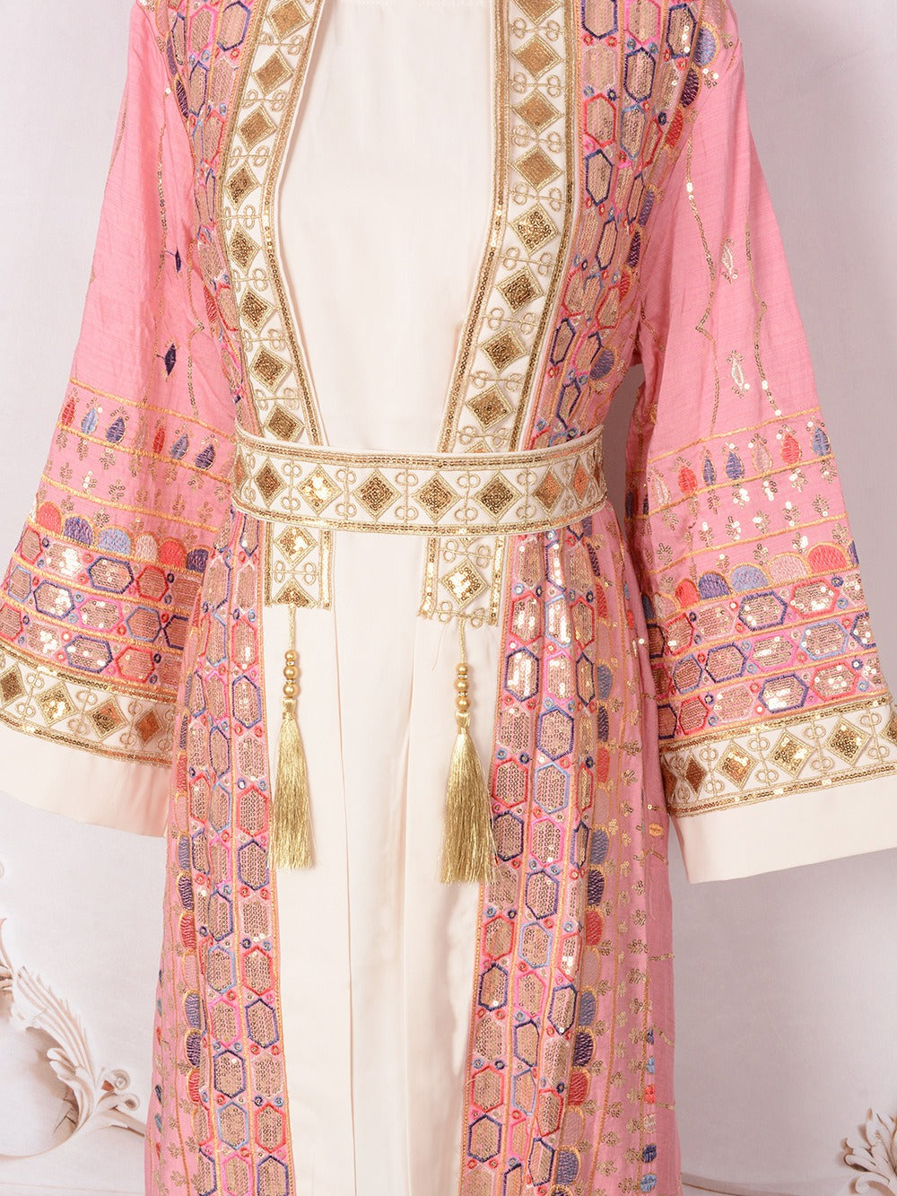 MH130 Luxury Beaded Open Abaya Set – Embroidered Modest Eid Kimono Dress for Muslim Women