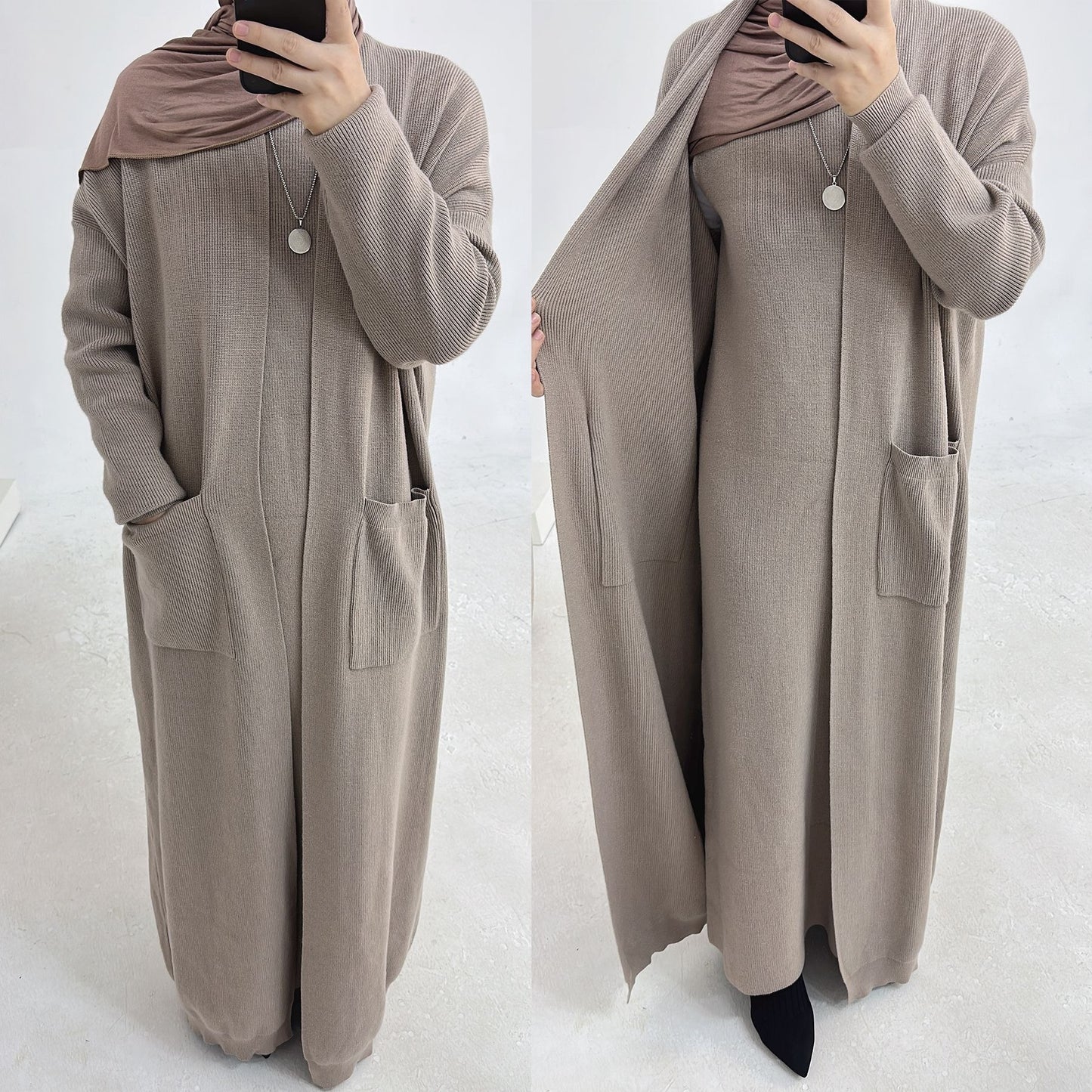 MH82 Winter Knit Abaya Set – 2-Piece Modest Co-ord (Open Cardigan + Inner Dress) with Pockets