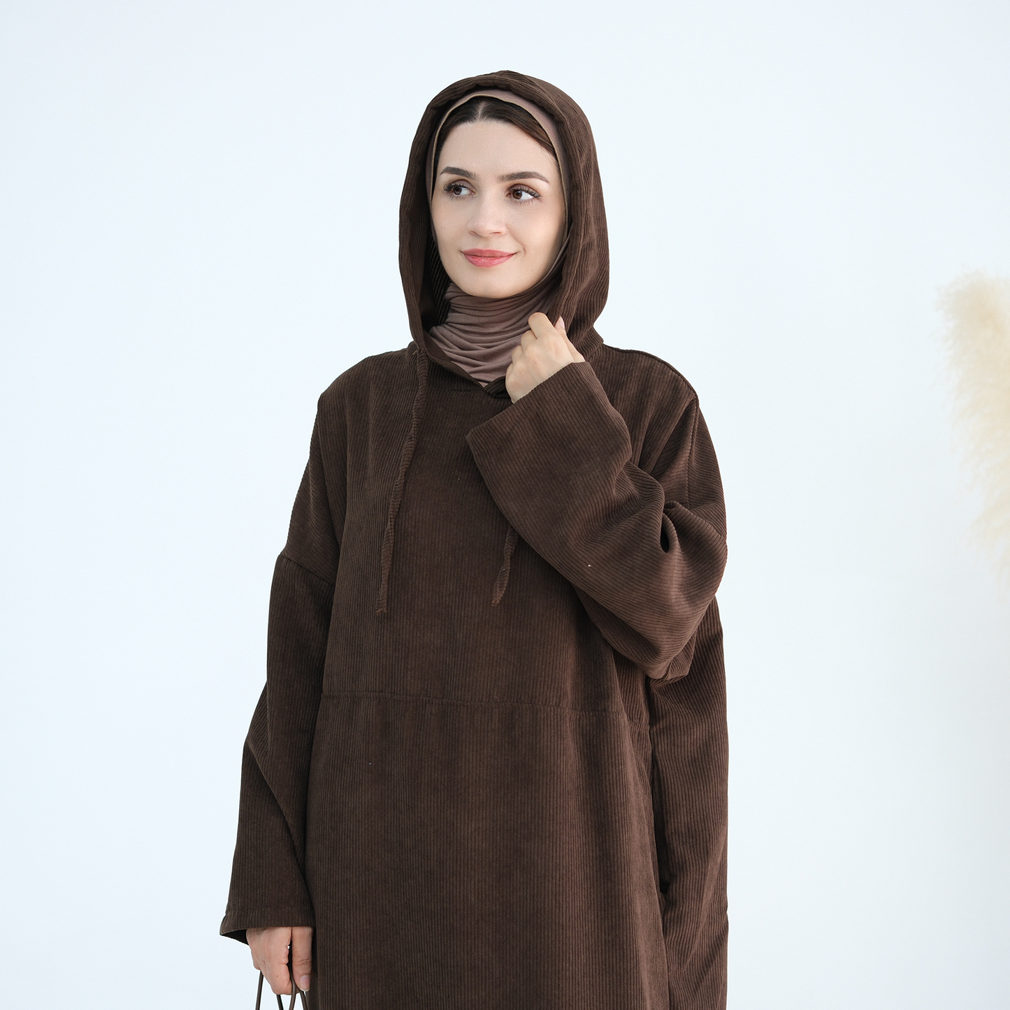 MH95 Corduroy Hooded Abaya with Pockets – Winter Casual Maxi Dress