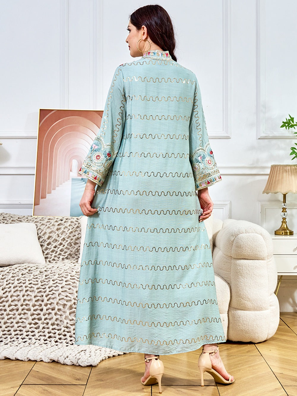 MH132 Sequin Embroidered Abaya Dress – Elegant V Neck Modest Maxi Kaftan for Muslim Women