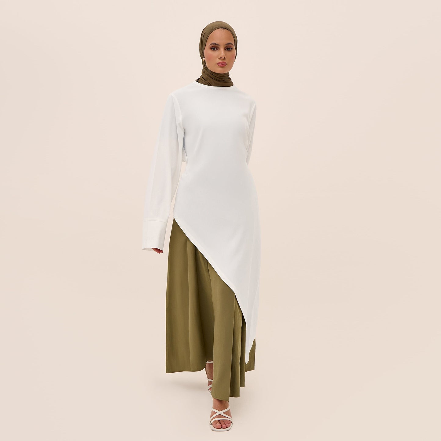 MH87 Modest Cotton-Linen Two-Piece Set – Asymmetric Drape Top & Maxi Skirt | Muslim Women Outfit for Eid & Daily Wear