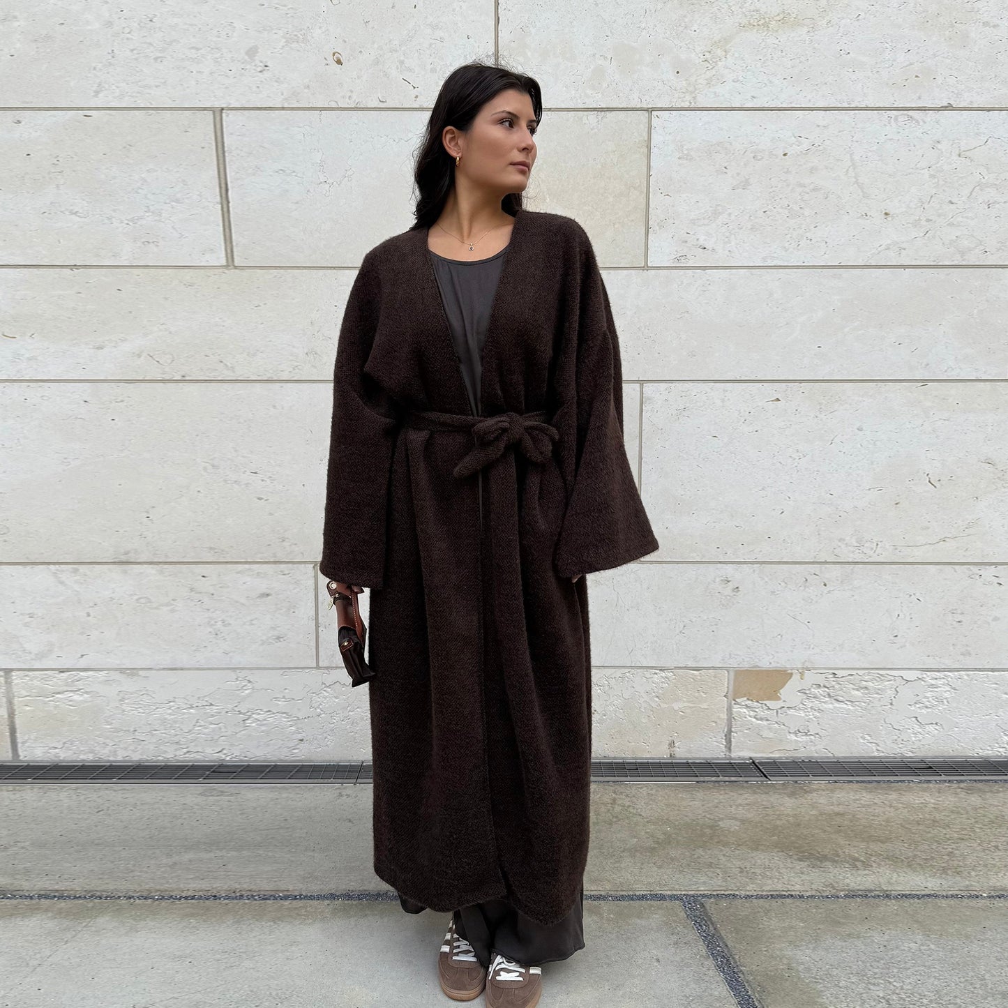 MH97 Velvet Open Abaya Cardigan with Belt – Long Sleeve Modest Outerwear