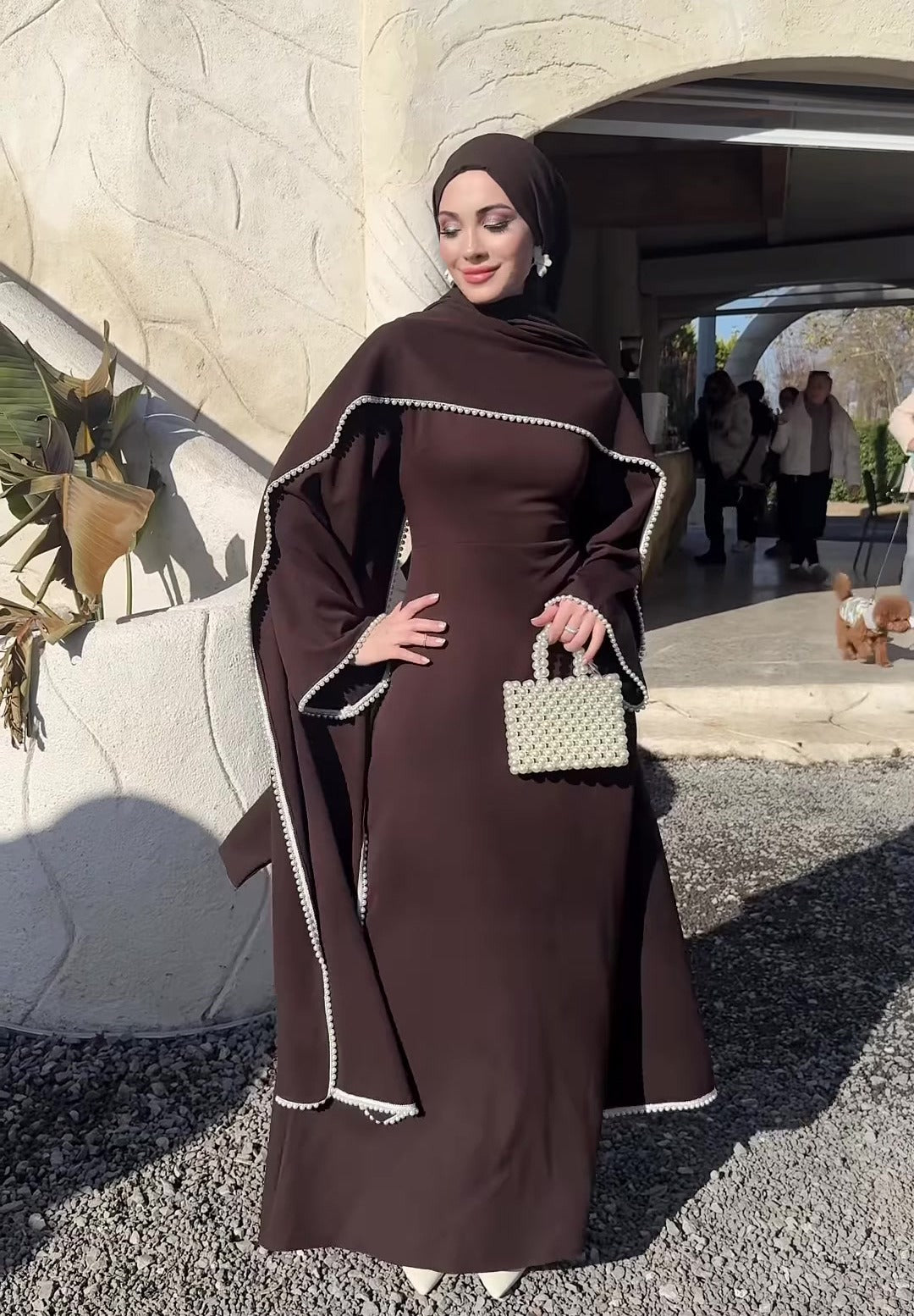 MH123 Pearl Trim Khimar Abaya Dress Set – Elegant Brown Modest Maxi Dress