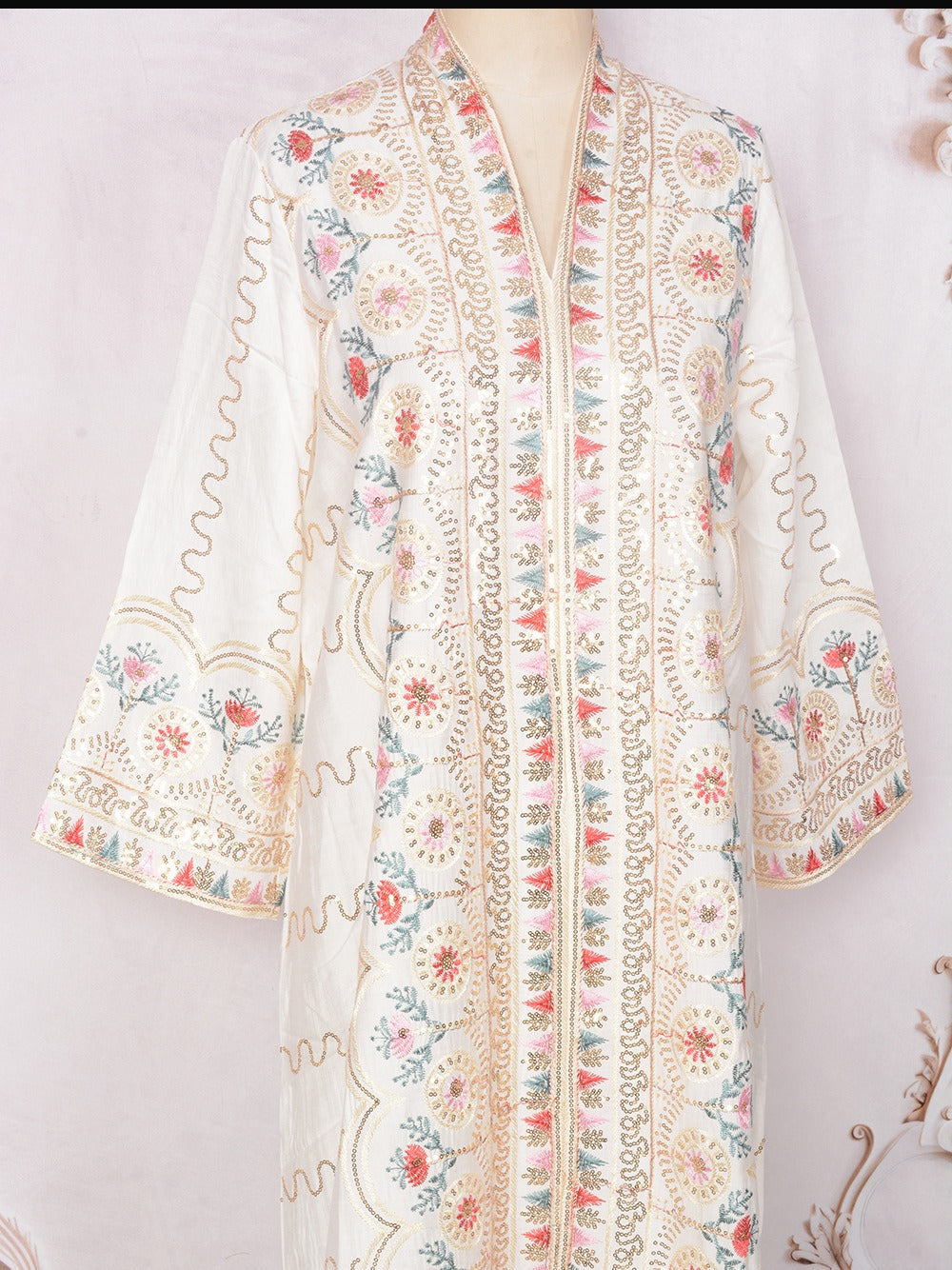 MH132 Sequin Embroidered Abaya Dress – Elegant V Neck Modest Maxi Kaftan for Muslim Women