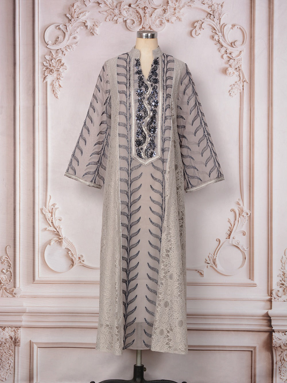 MH129 Beaded Embroidered Abaya Set – Elegant Mesh Modest Eid Dress for Muslim Women