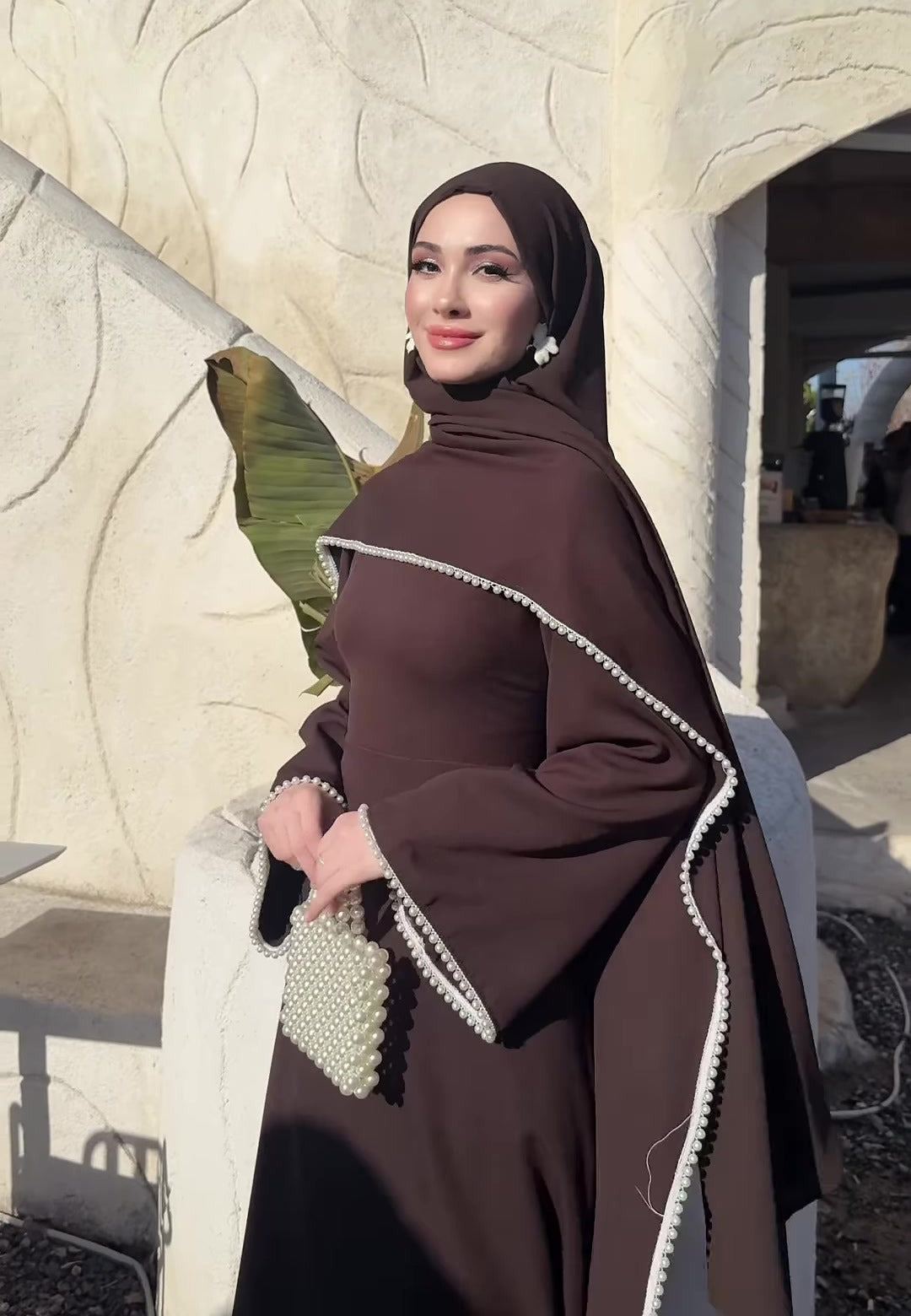 MH123 Pearl Trim Khimar Abaya Dress Set – Elegant Brown Modest Maxi Dress