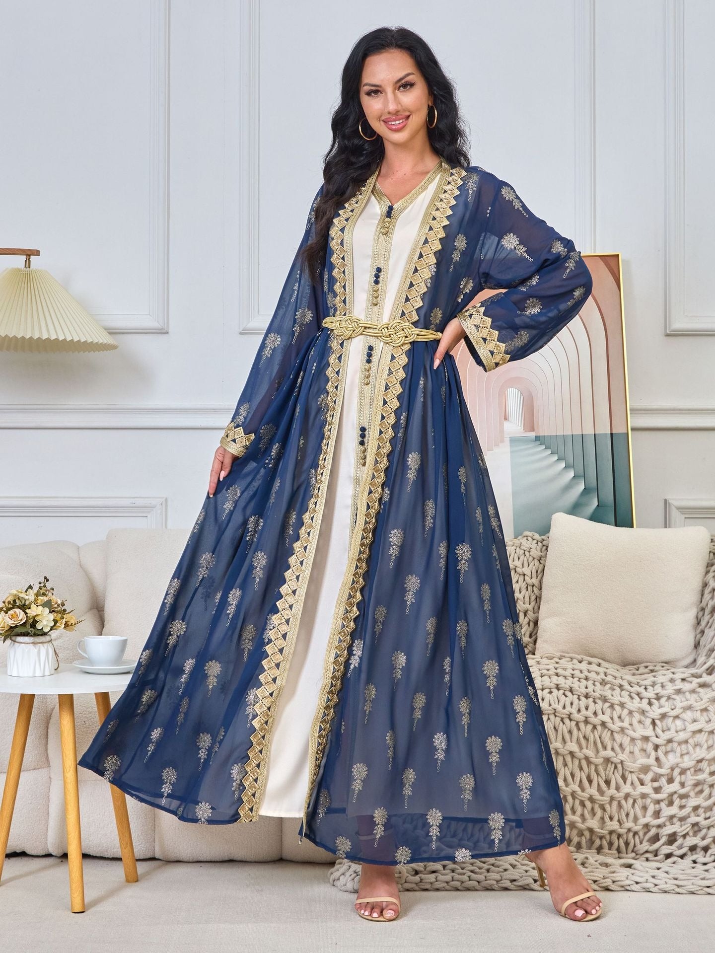 MH127 Embroidered Two Piece Abaya Set – Luxury Open Front Cardigan Abaya Dress for Eid & Formal Wear