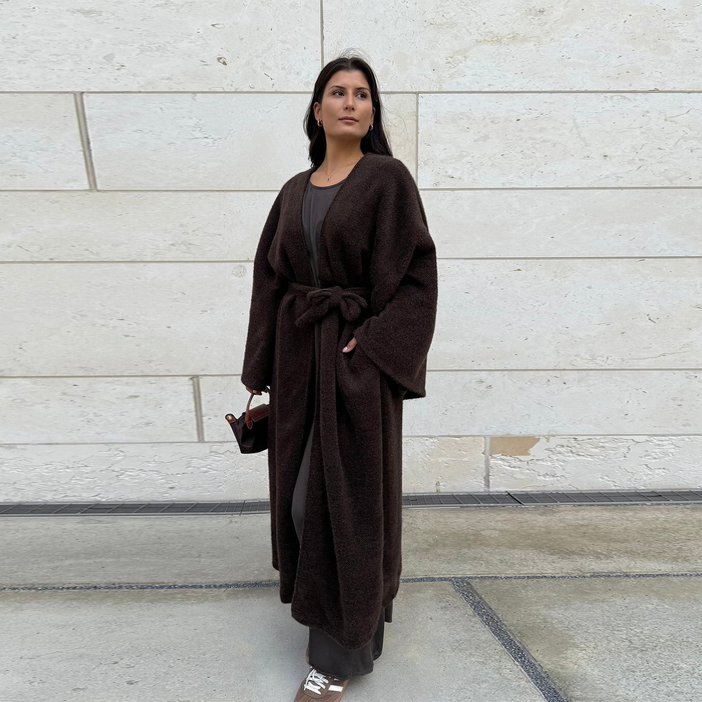 MH97 Velvet Open Abaya Cardigan with Belt – Long Sleeve Modest Outerwear