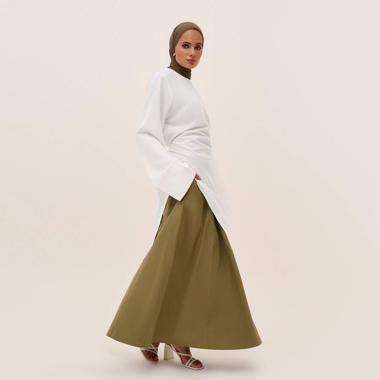 MH87 Modest Cotton-Linen Two-Piece Set – Asymmetric Drape Top & Maxi Skirt | Muslim Women Outfit for Eid & Daily Wear