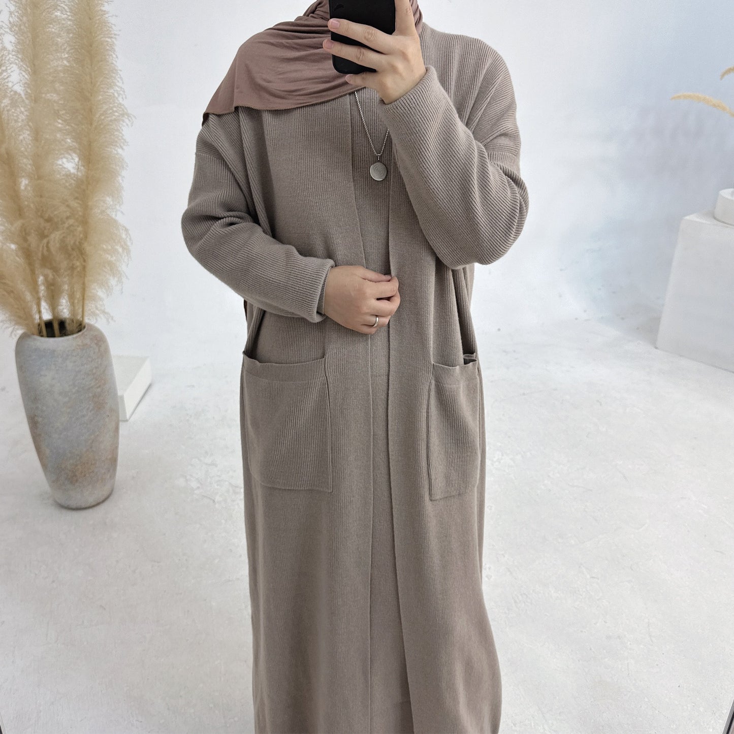 MH82 Winter Knit Abaya Set – 2-Piece Modest Co-ord (Open Cardigan + Inner Dress) with Pockets